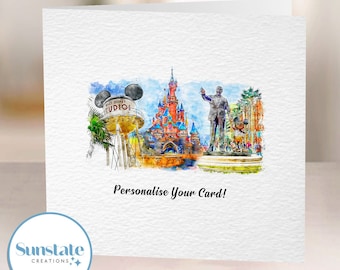 Personalised Disney Greetings Card, Disney Cards, Disneyland Paris Prints, Trip Disney Announcement, Disney Birthday Cards, Disney Prints