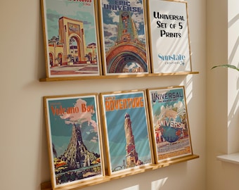 Universal Orlando Retro Prints, Set of 5, Universal Park Icon Posters, Epic Universe, Islands of Adventure, Universal Studios, Volcano Bay