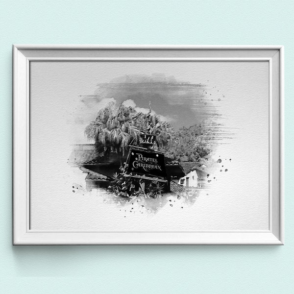 Disney's Pirates of the Caribbean, Black And White, Watercolour Print, Magic Kingdom Ride, Disney Prints Available in A3, A4 & A5
