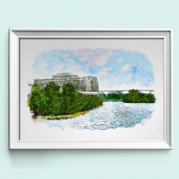 Disney's Contemporary Resort Watercolour Sketch Print, Disney Prints Available In A3, A4, A5