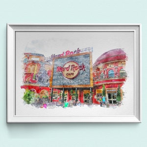 Hard Rock Cafe Print, Universal Citywalk Watercolour Sketch, Prints Available In A3, A4, A5