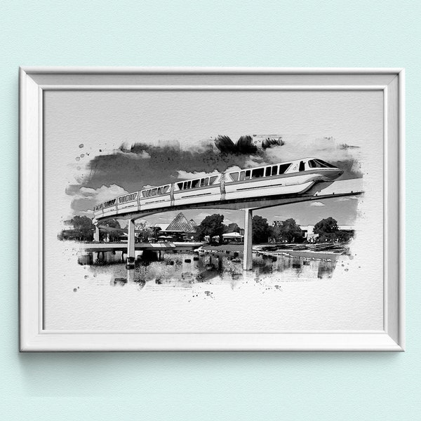 Walt Disney World, Epcot Monorail Print, Black and White Watercolour, Disney Prints Available in A3, A4& A5