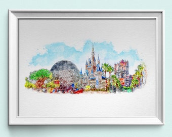 Walt Disney World Four Parks Watercolour Sketch Print, Disney Prints, Disney Posters Available in A1, A2, A3, A4, A5