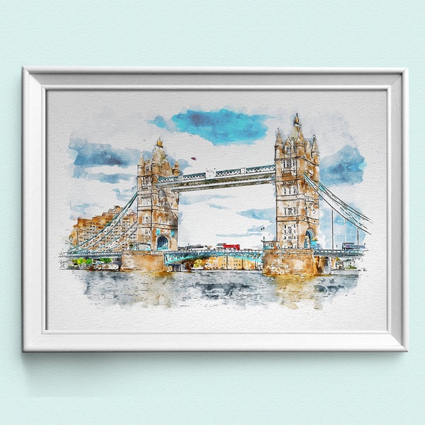 Impression de croquis aquarelle Tower Bridge, impressions de Londres disponibles en A3, A4, A5