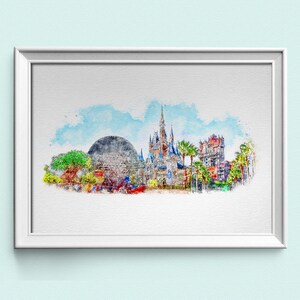 Disney Prints, Walt Disney World Prints, Four Parks Watercolour Print, Disney Posters, Disney Parks Posters, Disney Watercolour Wall Art image 1