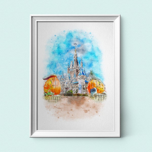 Disney Halloween Prints, Cinderella's Castle, Watercolour Sketch Print, Magic Kingdom, Available in A3, A4 & A5