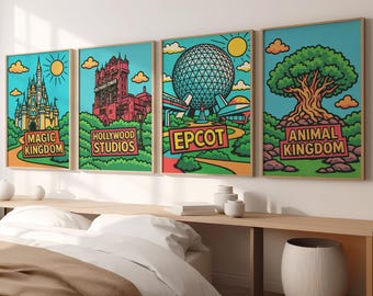Colourful Illustrated Disney Prints, Disney World Prints, Illustrated Disney Parks Posters, Disney Nursery, Kids Room, Disney Prints Set