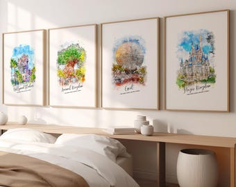 Four Parks Watercolour Style Disney Prints, Walt Disney World Park Icons, Set Of Four With Text, Disney Location Prints, Orlando Prints