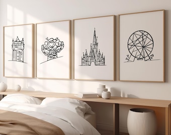Four Parks, Set of Four, Disney Line Art Prints, Disney Drawings, Disney Wall Art, Walt Disney World Prints, A1, A2, A3, A4, A5
