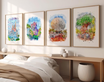 Disney Prints, Set of Four Walt Disney World Prints, Disney Parks, Watercolour Prints, Posters, Pictures