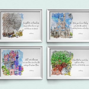 Walt Disney World Quote Prints, Landscape Set Of Four Watercolour Sketch Prints, Disney Park Prints image 1