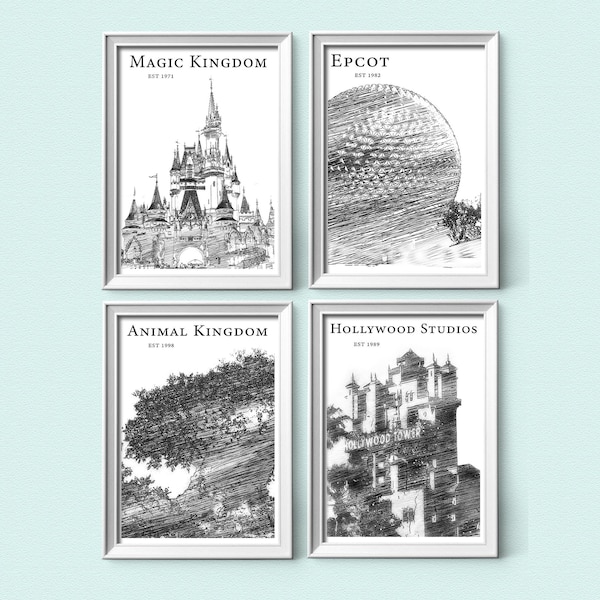 Modern Sketch Disney World Prints, Portrait Set Of Four, Black And White, Contemporary Disney Park Prints