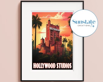 Retro Hollywood Studios Print, Disney Prints, Disney Poster, Tower of Terror, Retro Poster, Disney World Prints, Disney Gifts, Wall Art