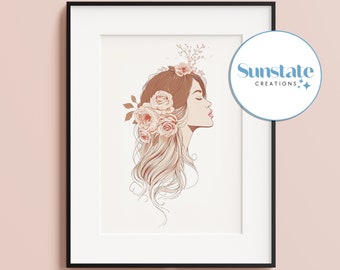 Lady's Face Print, Lady Prints, Minimalist Style, Neutral Prints, Floral Prints, Contemporary, Pink, Cream, Girl's Face, Female Wall Art