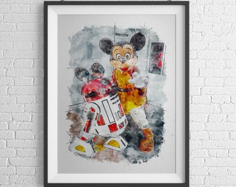 Jedi Master Mickey Watercolour Sketch Print, R2-MK, Hollywood Studios, Disney Prints Available in A3, A4, A5