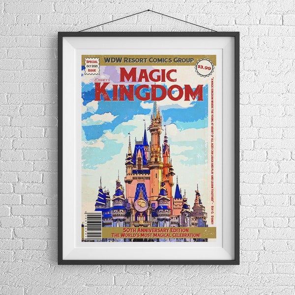 Disney 50th Anniversary, Retro Comic Print, Disney Prints, Magic Kingdom, Disney Posters, Retro Walt Disney World Prints, Disney Wall Art