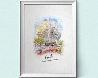 Spaceship Earth, Watercolour Style Print With Text, Epcot, Walt Disney World Prints, A3, A4, A5