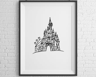 Disneyland Paris, Line Art, Stampa Disney, Castello Disney, Poster Disneyland, Arte murale Disney contemporanea, A1, A2, A3, A4, A5