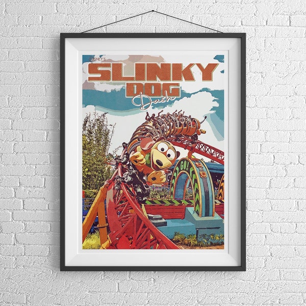 Slinky Dog Dash Retro Stampa Disney, Studios di Hollywood, Toy Story Land, Stampe Walt Disney World, Arte della parete, A1, A2, A3, A4, A5