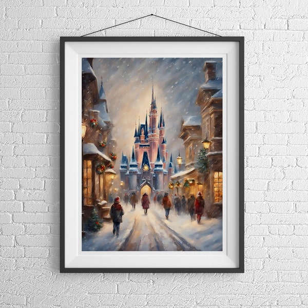 Christmas at Magic Kingdom Print, Cinderella Castle, Christmas Disney Prints, Christmas Oil Painting, Disney World, Disney Art