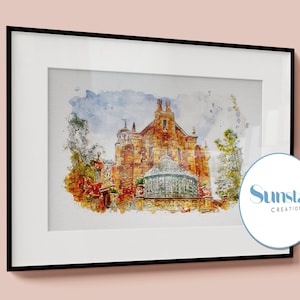 Esboço em aquarela da Mansão Mal-Assombrada - Impressões do Disney World disponíveis em A5, A4, A3, impressões da Disney