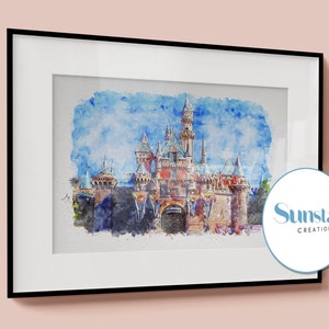 Disneyland Castle aquarel schets print, Disney prints beschikbaar in A1, A2, A3, A4, A5