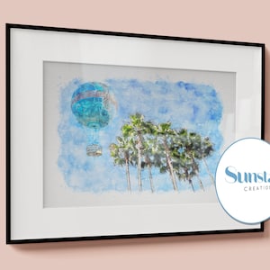Impressão em aquarela de Disney Springs, estampas do Disney World, balão aerófilo, estampas da Disney disponíveis em A1, A2, A3, A4, A5