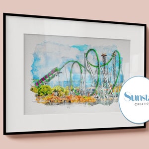 Incredible Hulk-achtbaanprint, aquarelschets, Universal Islands Of Adventure, A5, A4, A3