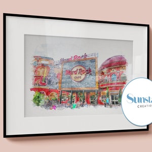 Hard Rock Cafe Print, Universal Citywalk Watercolour Sketch, Prints Available In A3, A4, A5