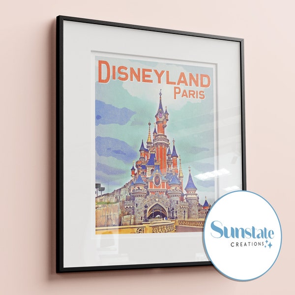 Affiche rétro Disneyland Paris, impression Disney rétro, château de la Belle au bois dormant, affiches Disney rétro, art mural Disney, cadeaux Disney rétro
