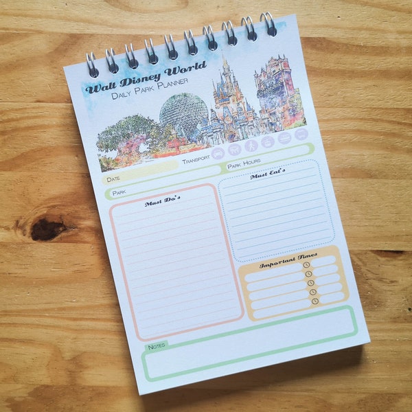 Disney World Parks Planner, Disney Daily Planner, A5 Disney Notepad, 35 Single Sided Sheets, Wire Bound, Disney Parks, Disney Stationery