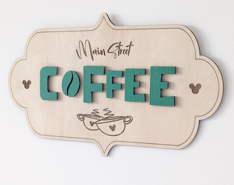 Wooden Disney Kitchen Coffee Sign, Disney Wall Decor, Disney Wall Hangers, Coffee Signs, Engraved Wooden Plaque, Main Street Coffee Sign