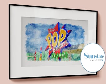Pop Century Resort Disney-afdrukken, Disney-aquarelprint, Disney World-prints, posters, afbeeldingen, muurkunst