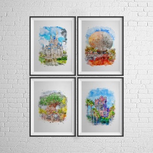 Disney Prints, Walt Disney World Prints, Four Parks Set of Four Disney Prints, Disney Watercolour Prints, Disney Parks Posters, Disney Gift image 1