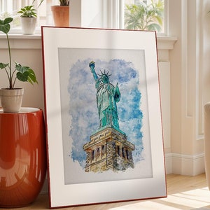 Stampa ad acquerello della Statua della Libertà, stampe di New York disponibili nei formati A3, A4, A5, poster di viaggio