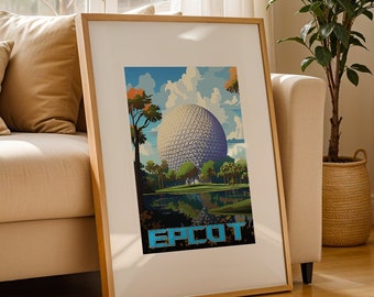 Lámina retro de Epcot de Disney, pósteres retro de Disney, Spaceship Earth, láminas de Disney World, arte mural de Disney, pósteres de los parques de Disney, regalos de Disney