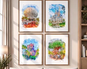 Pode incluir: Um conjunto de quatro gravuras verticais em molduras de madeira, com ilustrações em aguarela de marcos icónicos de parques temáticos: uma esfera geodésica, um castelo alto, um edifício de hotel e uma árvore grande com copa larga.