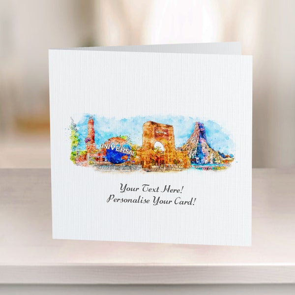 Personalised Universal Parks Greetings Card, Featuring Universal Studios, Volcano Bay, Islands Of Adventure