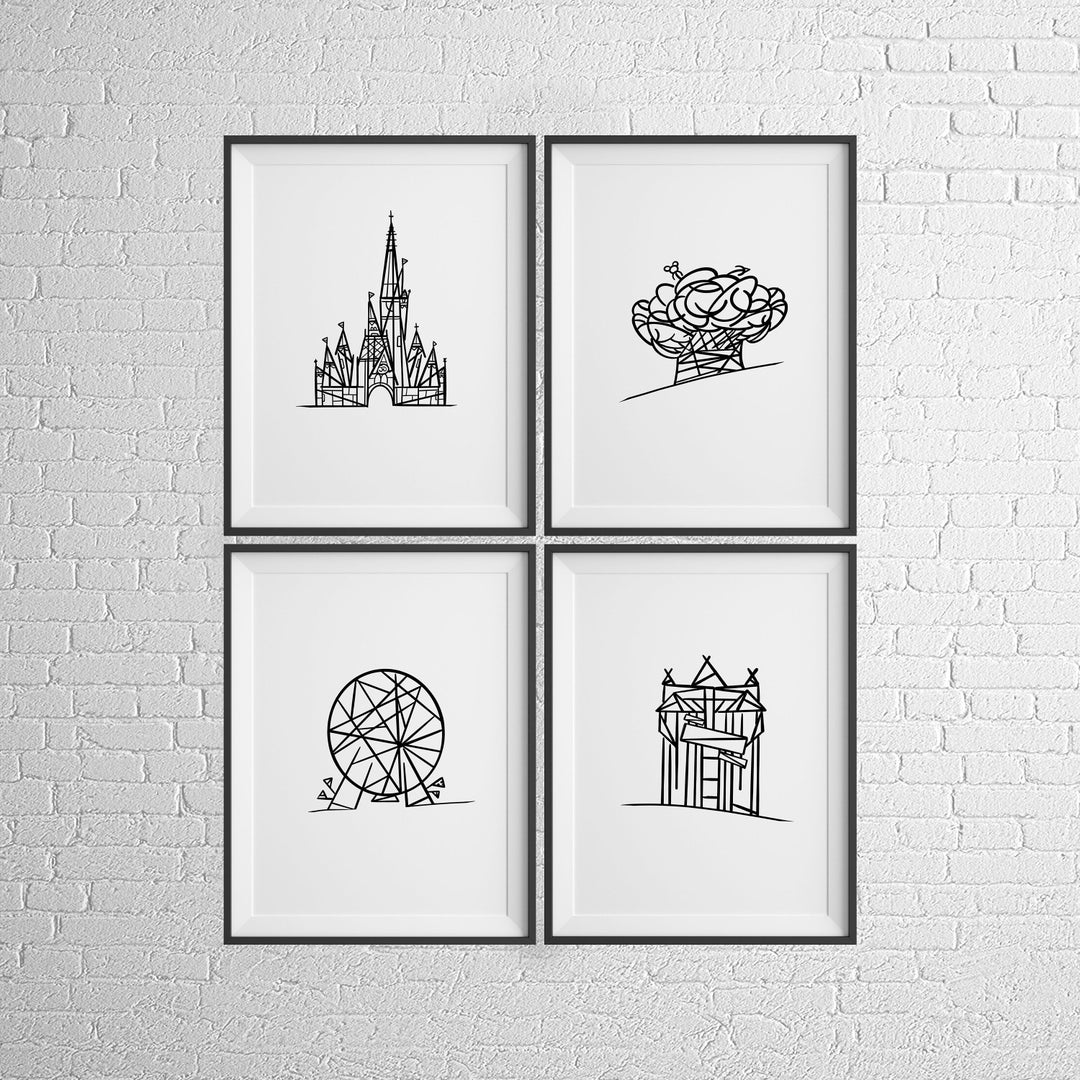 Four Parks, Set of Four, Disney Line Art Prints, Disney Drawings