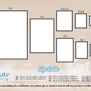 May include: A size guide for prints, showing different sizes of paper with measurements in inches and millimeters. The sizes are labeled A1, A2, A3, A4, and A5. The guide is from Sunstate Creations.