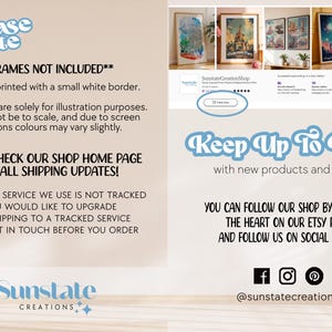 May include: A text-based image with information about shipping and frames. The text reads "Please note" and "Frames not included". The text also includes information about the postal service used for shipping and how to contact the seller for tracked shipping.
