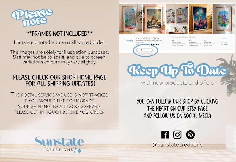 May include: A text-based image with information about shipping and frames. The text reads "Please note" and "Frames not included". The text also includes information about the postal service used for shipping and how to contact the seller for tracked shipping.