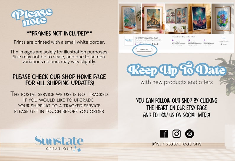 May include: A digital image of a text-based announcement about shipping and framing information for prints sold in an Etsy shop. The text reads "Please note" and "Frames not included". The text also includes information about the postal service used for shipping and how to contact the shop for shipping updates.