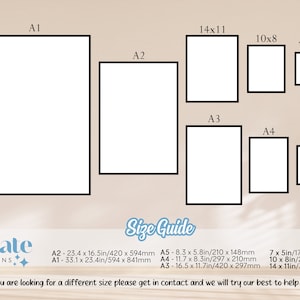 May include: A size guide for prints, showing different sizes of paper with measurements in inches and millimeters. The sizes are labeled A1, A2, A3, A4, and A5. The guide is from Sunstate Creations.
