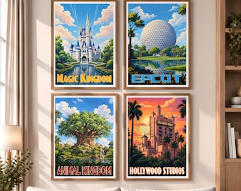 Ensemble d'affiches rétro des parcs Disney, affiches Walt Disney World, gravures Disney, affiche des parcs Disney