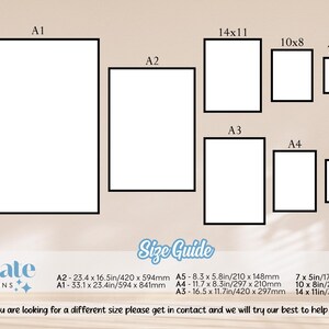May include: A size guide for prints, showing different sizes in inches and millimeters. The sizes are labeled A1, A2, A3, A4, and A5. The guide is from Sunstate Creations.