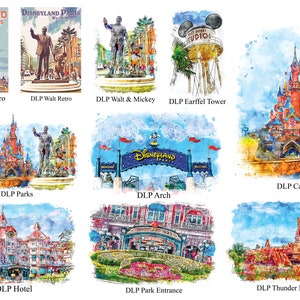 K&ouml;nnte beinhalten: Aquarell-Prints mit Sehensw&uuml;rdigkeiten von Disneyland Paris. Die Bilder zeigen das Schloss, Walt und Mickey, den Earffel Tower und den Eingangsbogen. Jeder Druck hat einen Titel.