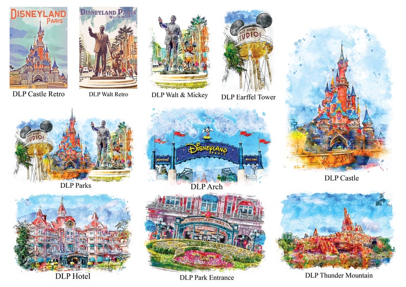 K&ouml;nnte beinhalten: Aquarell-Prints mit Sehensw&uuml;rdigkeiten von Disneyland Paris. Die Bilder zeigen das Schloss, Walt und Mickey, den Earffel Tower und den Eingangsbogen. Jeder Druck hat einen Titel.