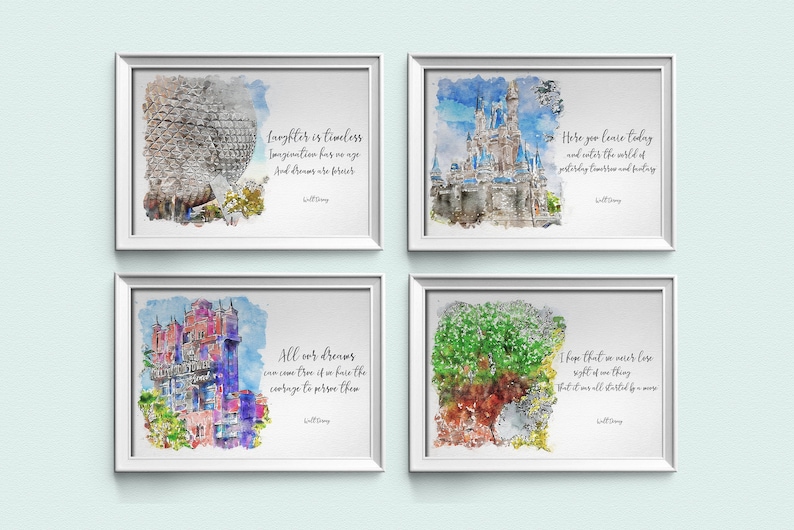 Walt Disney World Quote Prints, Landscape Set Of Four Watercolour Sketch Prints, Disney Park Prints image 1