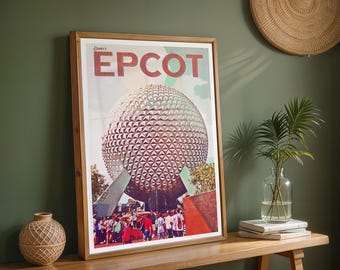 Epcot, láminas retro de Disney, pósteres retro de Disney, Spaceship Earth, láminas de Disney World, arte mural de Disney, pósteres de los parques de Disney, regalos de Disney